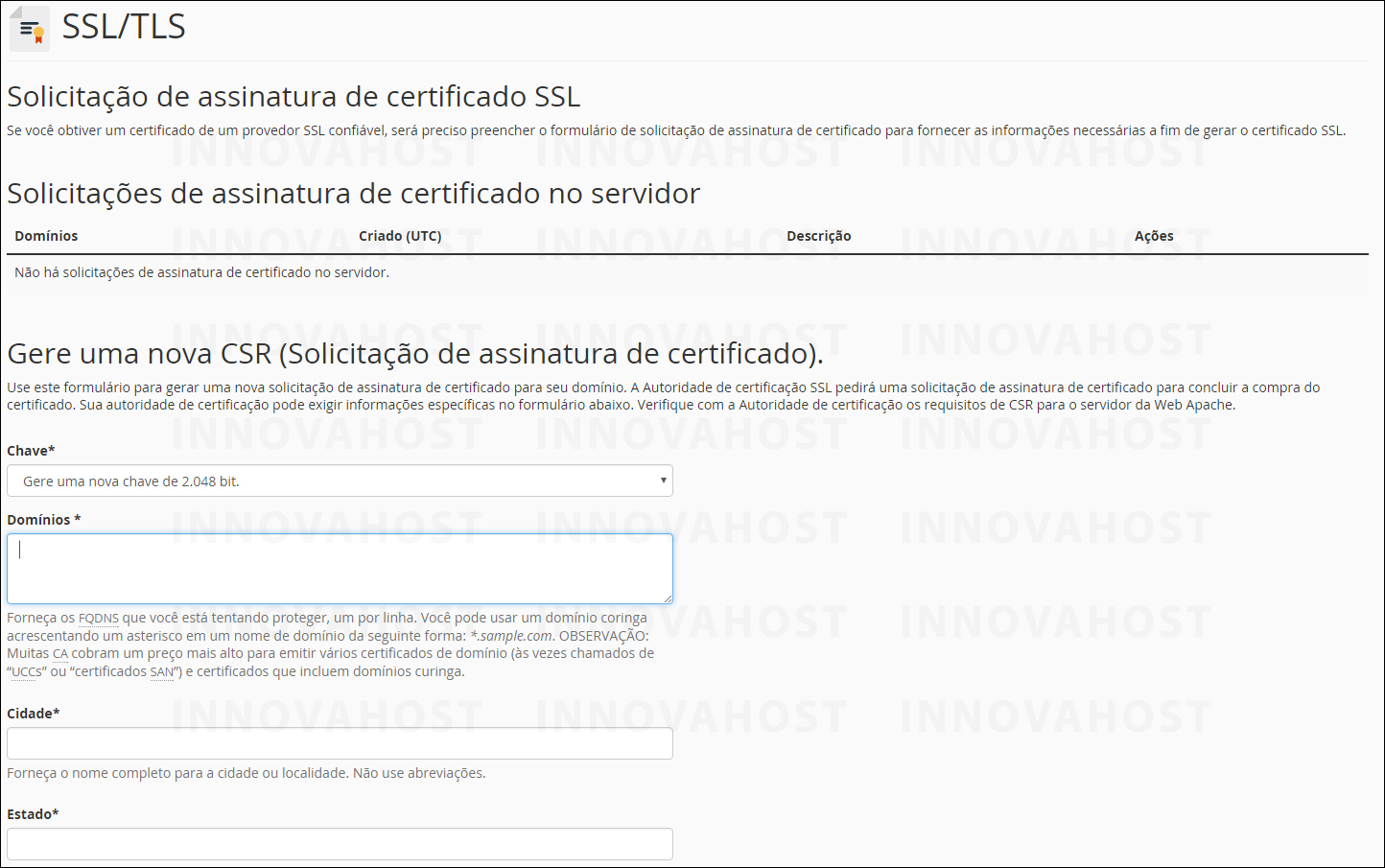 Gere, exiba ou exclua solicitações de assinatura do certificado SSL