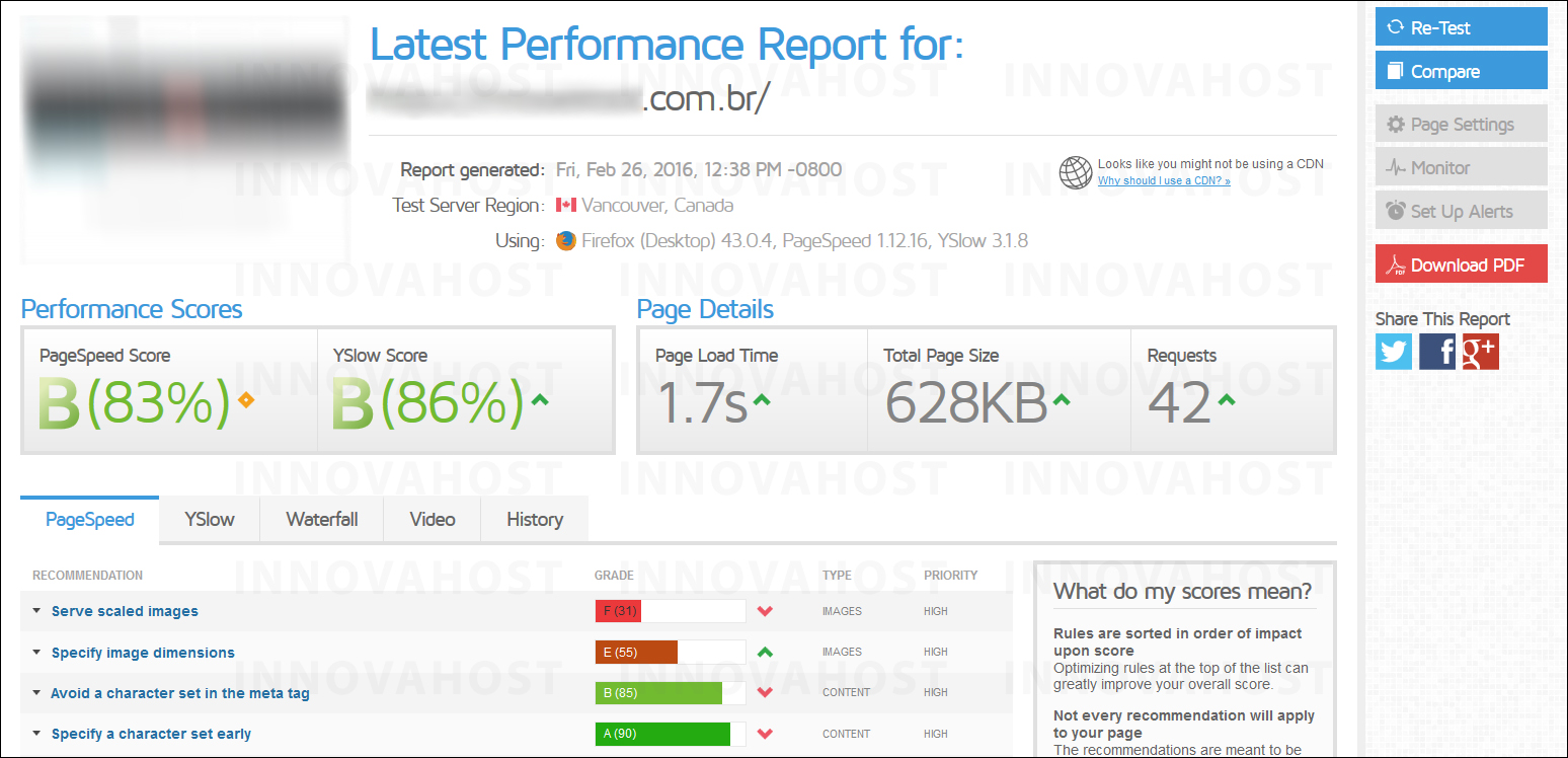 Gtmetrix - Informações sobre o desempenho do seu site